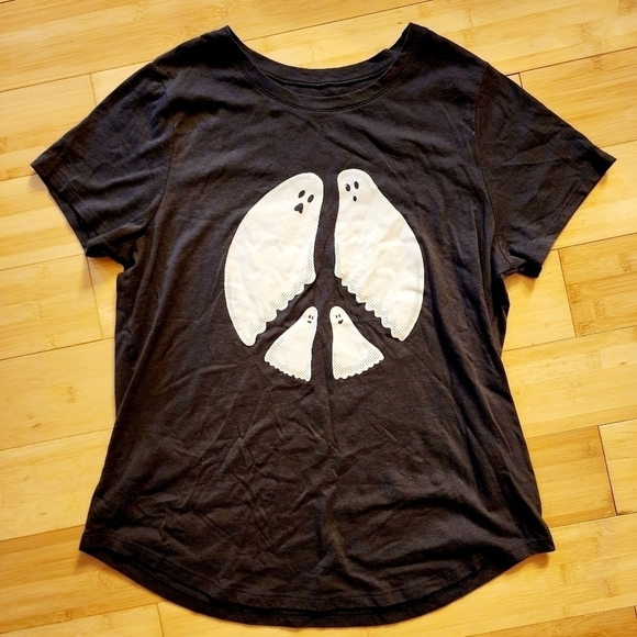 Old Navy Peace Sign Ghost Graphic Tee Grey Women's Medium M Halloween Fall EUC - Picture 2 of 6